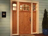 Woodgrain Knotty Alder 6 lite planked panel Craftsman door Sidelights 6826